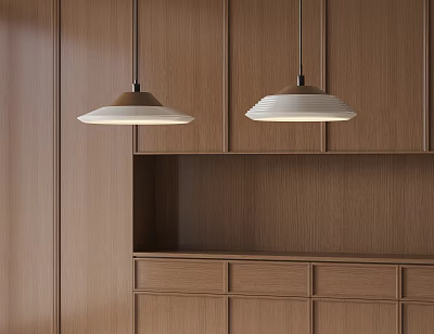 Two Modern Pendant Lights Hanging Above Wooden Kitchen Cabinetry Interior Design 3d model