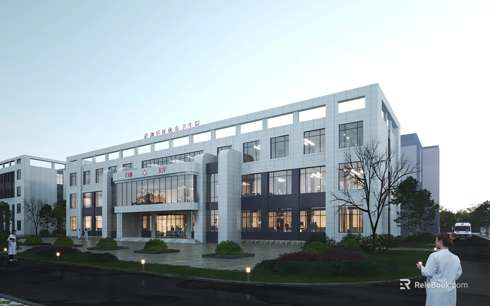 Modern Hospital Building Exterior Featuring White Facade Large Glass Windows And Landscaped Surroundings 3d model 