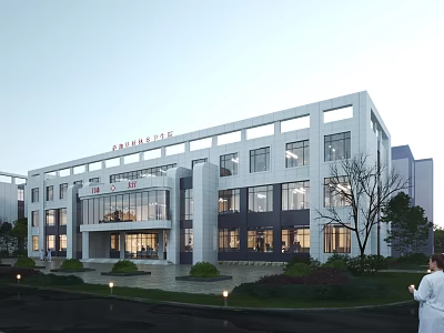 Modern Hospital Building Exterior Featuring White Facade Large Glass Windows And Landscaped Surroundings 3d model
