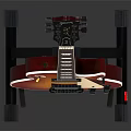 Electric Guitar Musical Instrument With Sunburst Red Brown Body On Black Stand And Fretboard