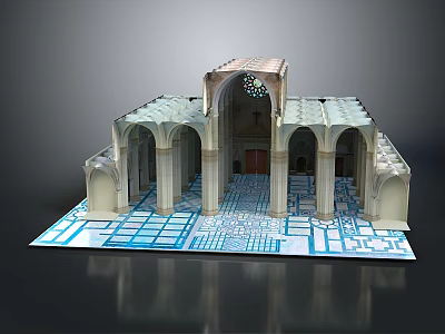 Cartoon Scene With Classical Arched Structure Decorative Columns And Blue Floor Pattern 3d model