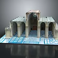 Cartoon Scene With Classical Arched Structure Decorative Columns And Blue Floor Pattern