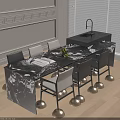 Modern Table and Chair Set With Long Marble Countertop Black White Chairs Books and Fruits