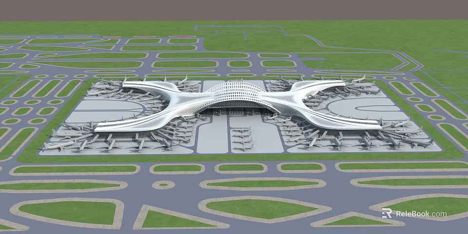 Modern Airport Terminal Building With Streamlined Roof Runways And Green Surroundings 3d model 
