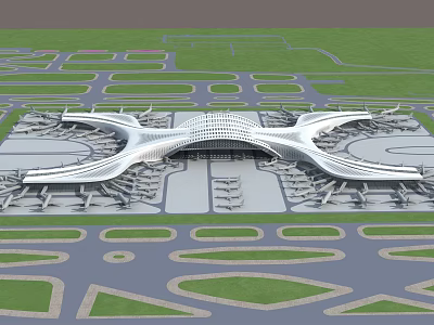 Modern Airport Terminal Building With Streamlined Roof Runways And Green Surroundings 3d model