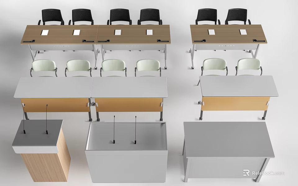 Diverse Office Desks With Matching Chairs Wooden Metal Finishes Gray White Brown Designs 3d model 