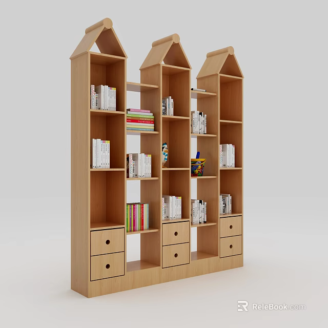 Wooden Bookshelf with Multiple Open Shelves and Drawers for Organized Book and Decorative Items Storage 3d model 
