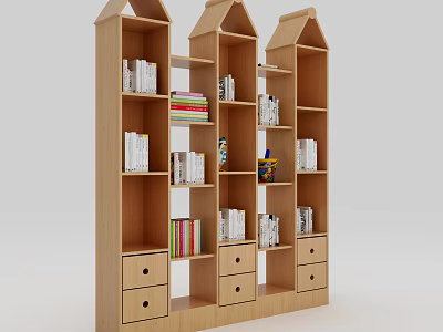 Wooden Bookshelf with Multiple Open Shelves and Drawers for Organized Book and Decorative Items Storage 3d model