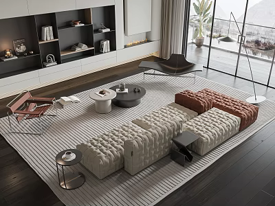 Modern Beige Rust Upholstered Sofa And Coffee Table Set With Area Rug In Living Room 3d model
