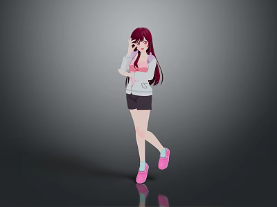 Cartoon Child Character With Long Purple Hair White Top Black Shorts And Pink Shoes 3d model