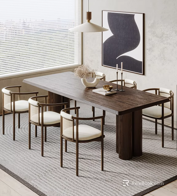 Wooden Dining Table Set With Six Chairs White Cushions And Decorative Items 3d model 