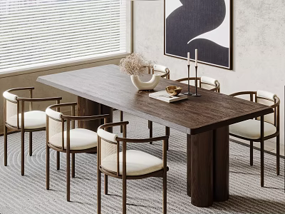 Wooden Dining Table Set With Six Chairs White Cushions And Decorative Items 3d model