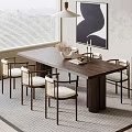 Wooden Dining Table Set With Six Chairs White Cushions And Decorative Items