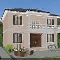 Two Story Detached Villa Featuring Beige Exterior Black Roof White Balcony And Front Yard Decor