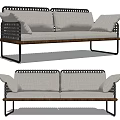 Gray Upholstered Two Seater Sofa With Woven Armrest And Metal Legs Design