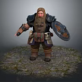 Game and Movie Character Dwarf Warrior With Big Beard Armor And Shield On Stone Pavement