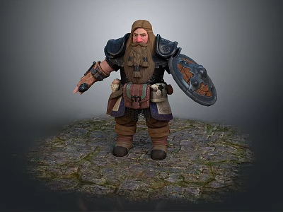 Game and Movie Character Dwarf Warrior With Big Beard Armor And Shield On Stone Pavement 3d model