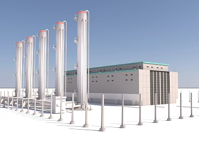 Industrial Plant With Tall White Chimneys Gray Structure Large Glass Windows Surrounded By Fences 3d model