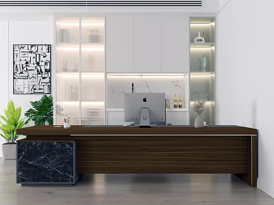 Modern Office Desk With Wooden Top Black Marble Base Computer Monitor And Green Plant 3d model