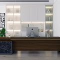 Modern Office Desk With Wooden Top Black Marble Base Computer Monitor And Green Plant
