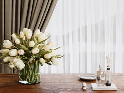 White Tulips In Glass Vase On Wooden Table With Curtains And Fragrance Bottles 3d model