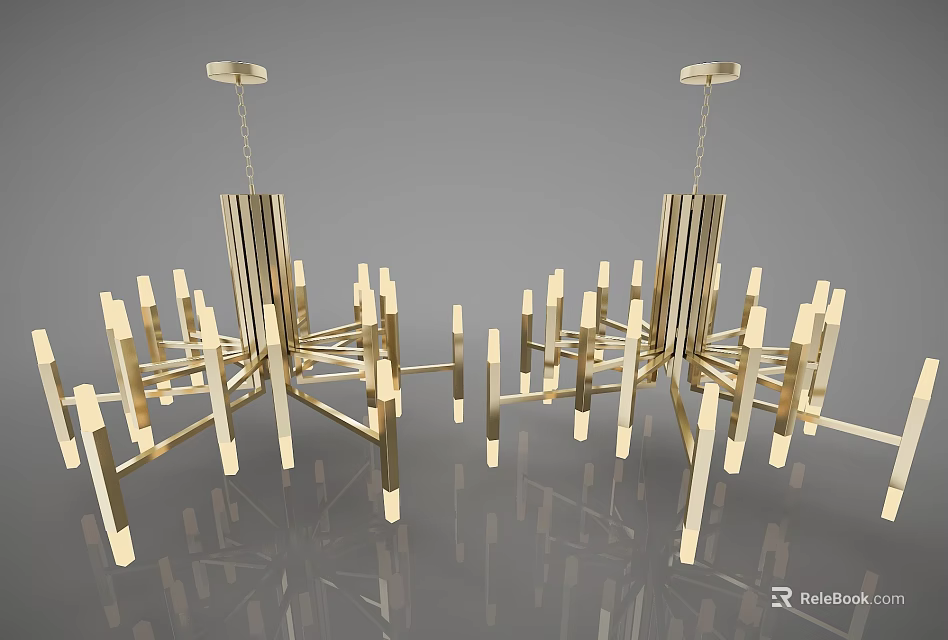 Elegant Modern Golden Chandeliers With Structural Slender Metal Bars And Floor Reflections 3d model 