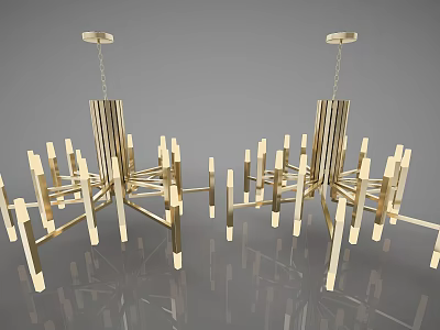 Elegant Modern Golden Chandeliers With Structural Slender Metal Bars And Floor Reflections 3d model