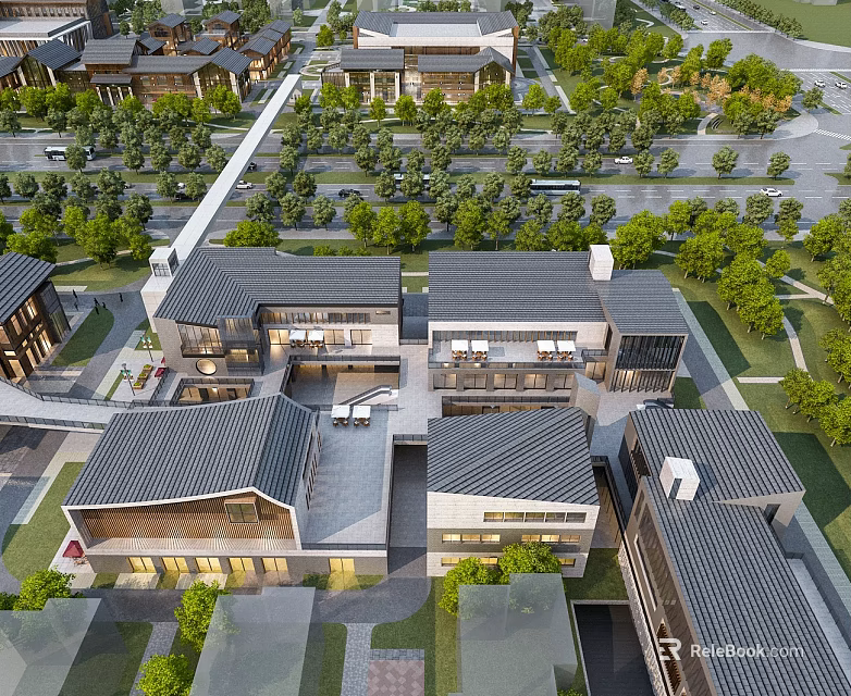 Traditional Building Complex Aerial Planning With Greenery And Road Layout 3d model 
