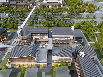 Traditional Building Complex Aerial Planning With Greenery And Road Layout 3d model