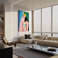 Modern Dining and Living Room Interior With Skylight Sofa Colorful Artwork And Large Windows