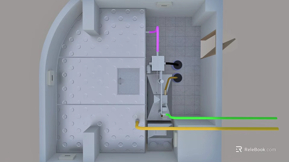 Commercial Kitchen Layout With Workstation Sink Cooking Equipment And Tile Flooring 3d model 