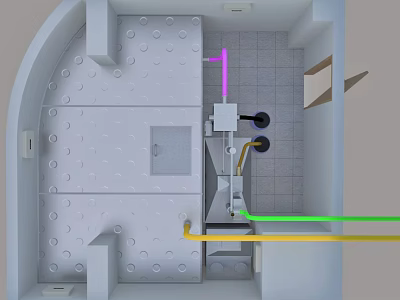 Commercial Kitchen Layout With Workstation Sink Cooking Equipment And Tile Flooring 3d model