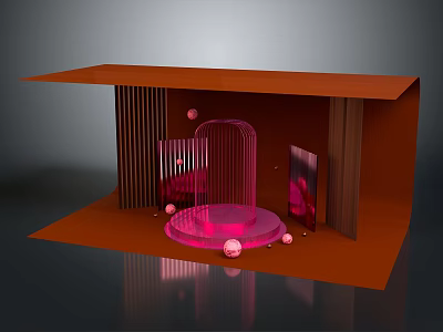 Modern Art Installation Display With Orange Structure Pink Circular Platform And Metal Frame Decorative Spheres 3d model