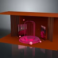 Modern Art Installation Display With Orange Structure Pink Circular Platform And Metal Frame Decorative Spheres
