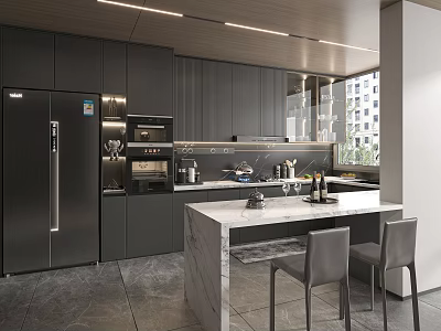 Modern Black Kitchen Interior With Marble Island Refrigerator Oven And Chairs 3d model