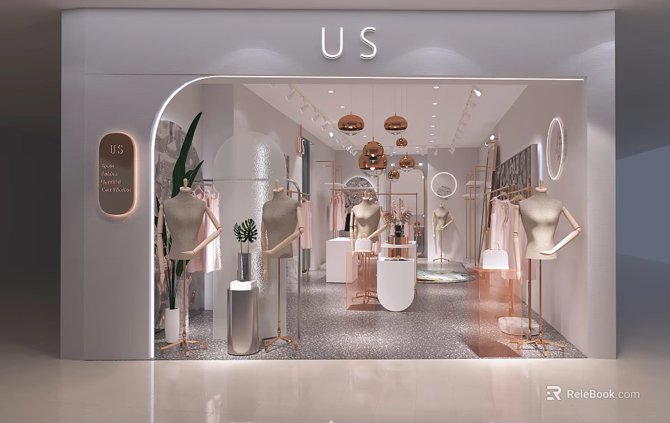 Modern US Clothing Store Interior With Mannequins Clothes And Pendant Lights 3d model 