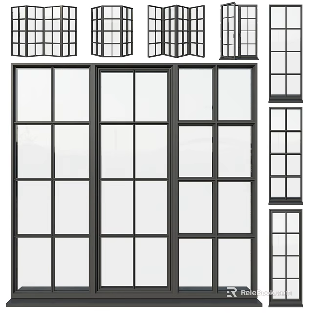 Modern Casement Windows With Black Frame And Multiple Glass Panes Design 3d model 