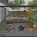 Modern Courtyard Garden With Wooden Deck Sofa Greenery Wicker Chairs Fire Pit And Lighting