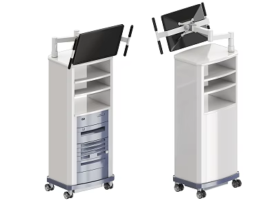 Industrial Equipment Wheeled Cart With Multiple Shelves Drawers And Adjustable Monitor Mounts 3d model
