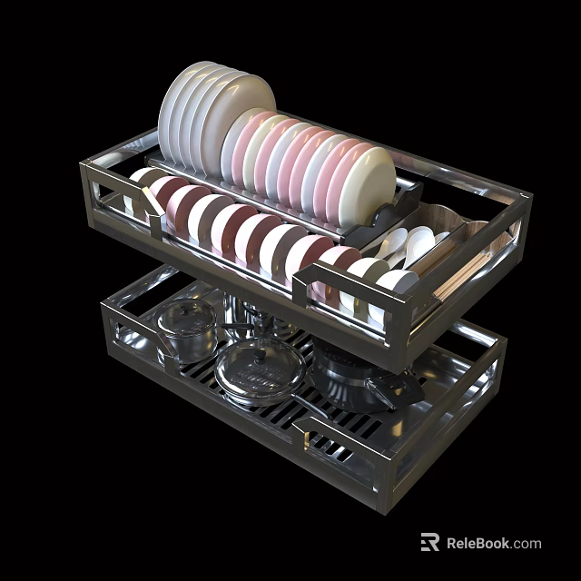 Stainless Steel Double Layer Dish Drying Rack For Kitchen Cabinets With Dishes Bowls And Cups 3d model 