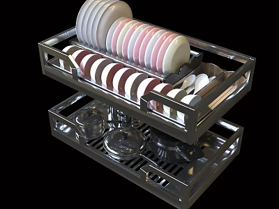 Stainless Steel Double Layer Dish Drying Rack For Kitchen Cabinets With Dishes Bowls And Cups 3d model