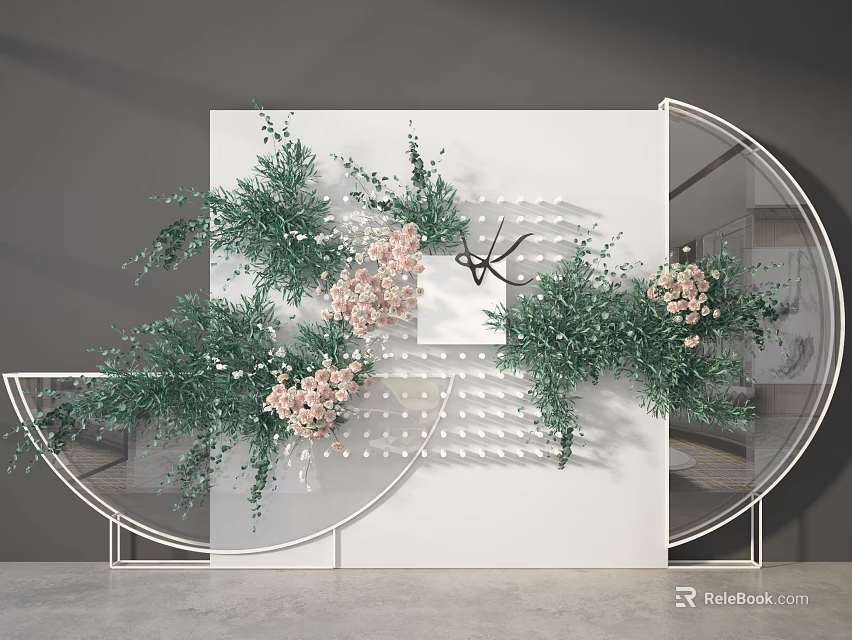 White Decorative Partition With Geometric Cutouts Green Plants Pink Flowers Gray Wall And Concrete Floor 3d model 