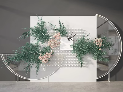 White Decorative Partition With Geometric Cutouts Green Plants Pink Flowers Gray Wall And Concrete Floor 3d model