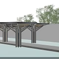 Modern Geometric Pergola Featuring Black Frame Lattice Design and Water Reflection with Sky Trees