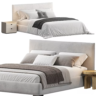 Modern Double Bed Design With Upholstered Headboard Cozy Pillows And Wooden Bedside Table 3d model