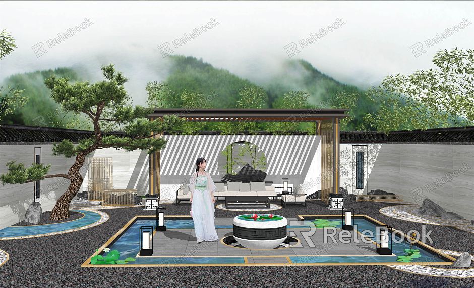 New Chinese-style Courtyard Courtyard Landscape Setches Pavilion Pool rockery dry landscape model