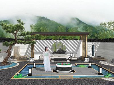 New Chinese-style Courtyard Landscape Setches Pavilion Pool rockery dry landscape model