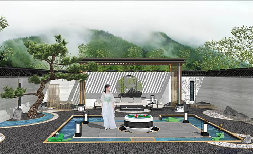 New Chinese-style Courtyard Landscape Setches Pavilion Pool rockery dry landscape 3d model