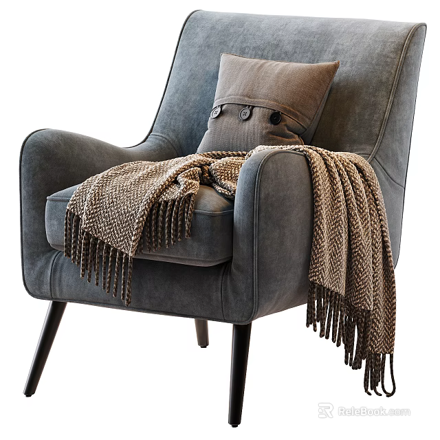 Comfortable Gray Upholstered Single Sofa with Brown Pillow and Cozy Throw Blanket 3d model 