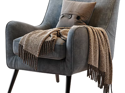 Comfortable Gray Upholstered Single Sofa with Brown Pillow and Cozy Throw Blanket 3d model